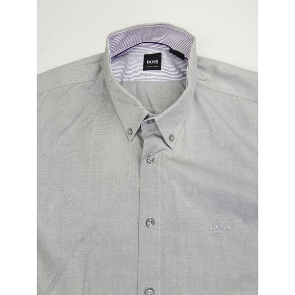 Hugo Boss Regular Fit Size Large Mens Gray Embroidered Chest Logo Button Down - Picture 5 of 10